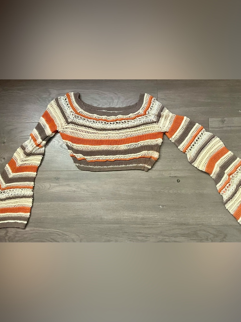 SHEIN Striped Crochet Off-Shoulder Sweater - Orange, Cream, Taupe